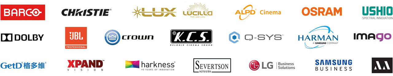 Loghi dei marchi partner: Barco, Christie, Dolby, JBL, Harman, Q-SYS e altri